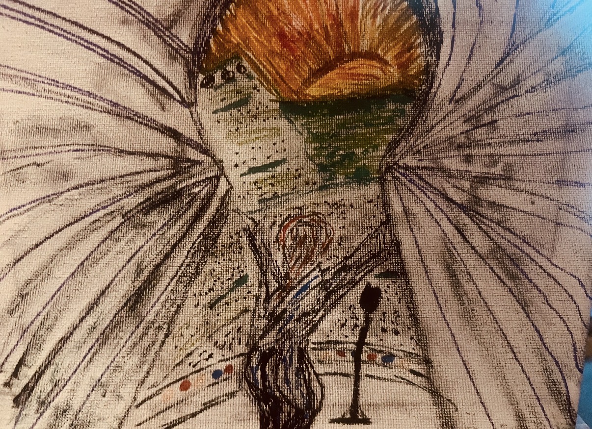 Expressive mixed-media figure and microphone artwork by Fast Eddie