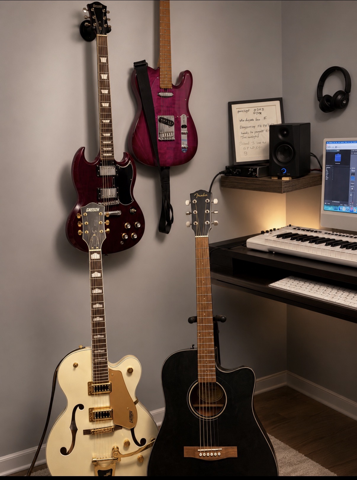 Jonny Electric's guitar wall, keyboard and studio monitor