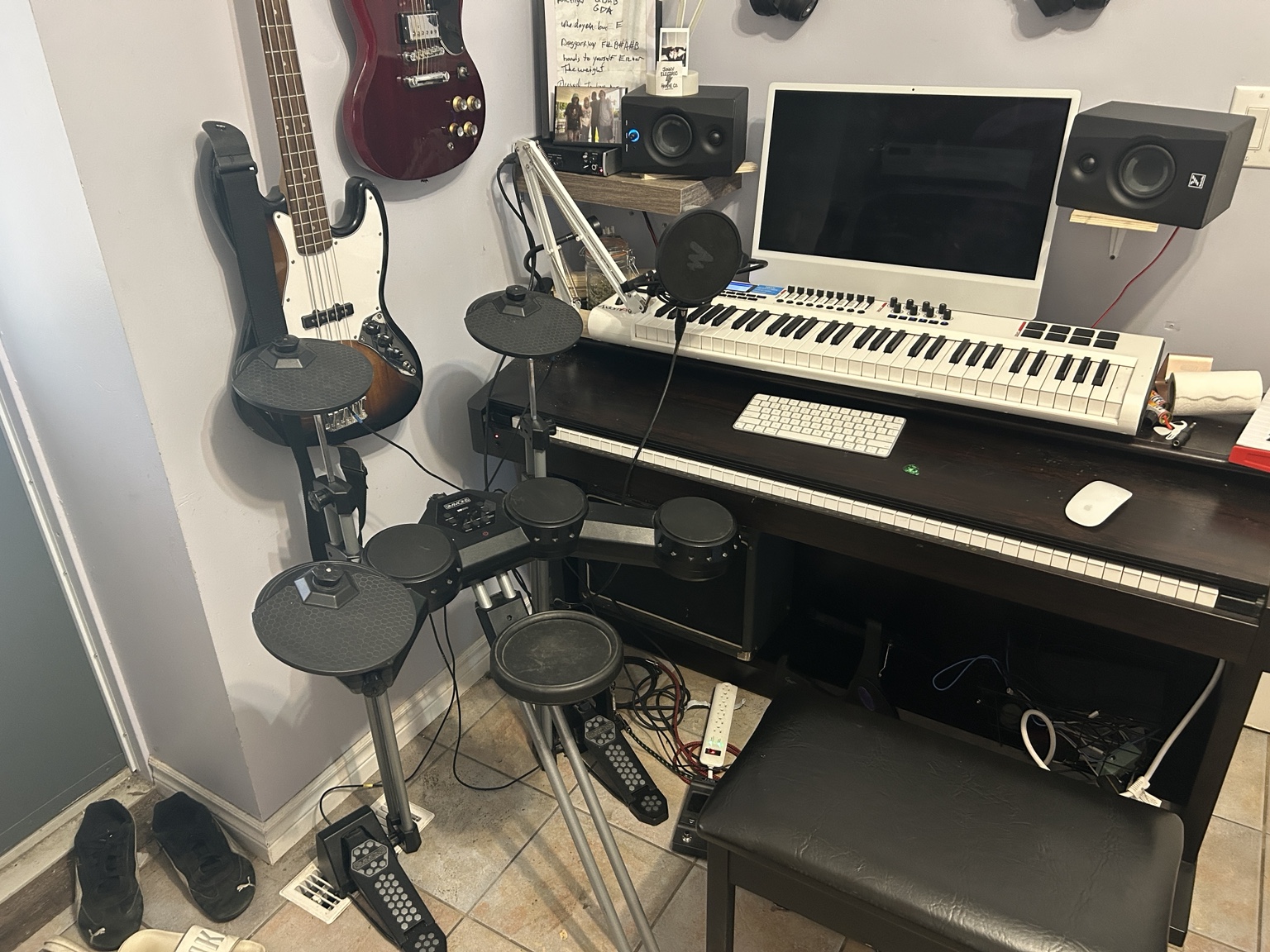 Electronic drums, bass, keyboards and computer in the kitchen studio
